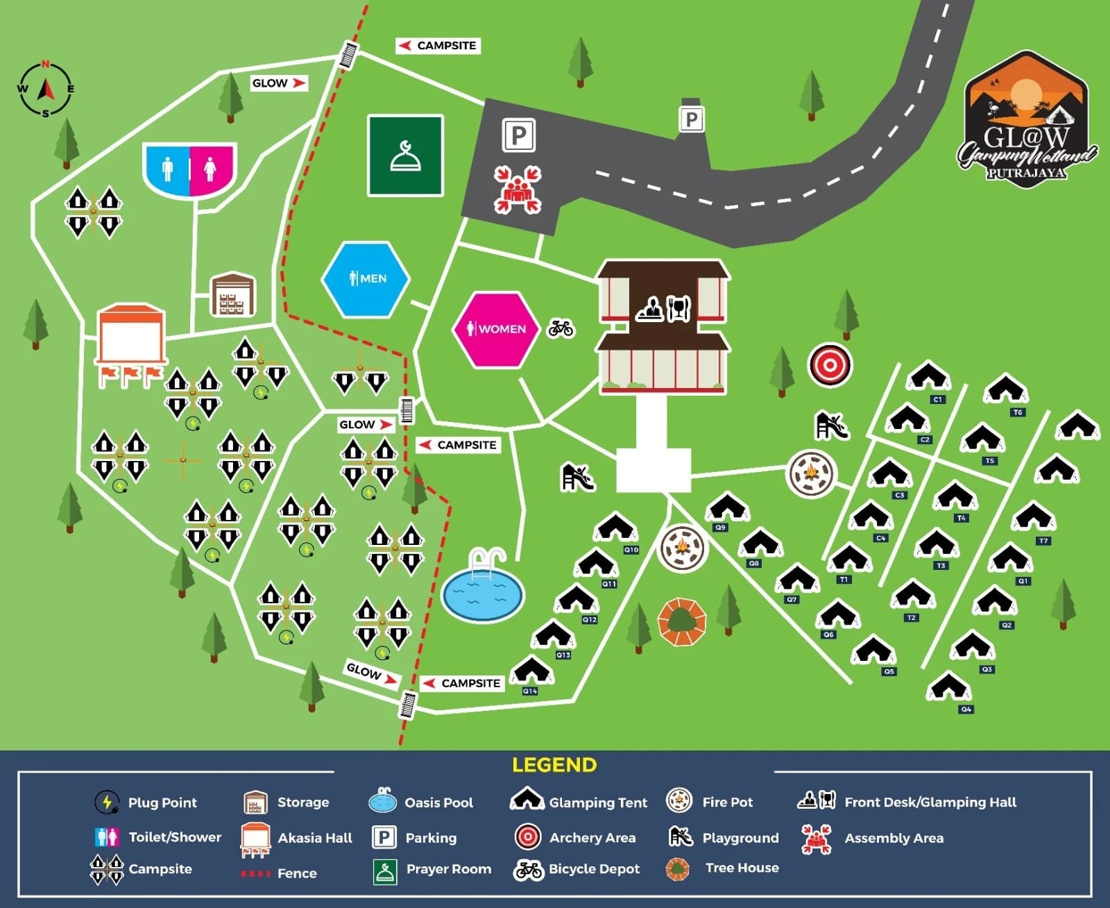 Peta GL@W: khemah glamping C1–C4, T1–T7 dan Q1–Q14, Kolam Oasis, dewan makan, tempat unggun api, rumah pokok, kawasan memanah, taman permainan, surau, tandas dan campsite di seberang pagar.